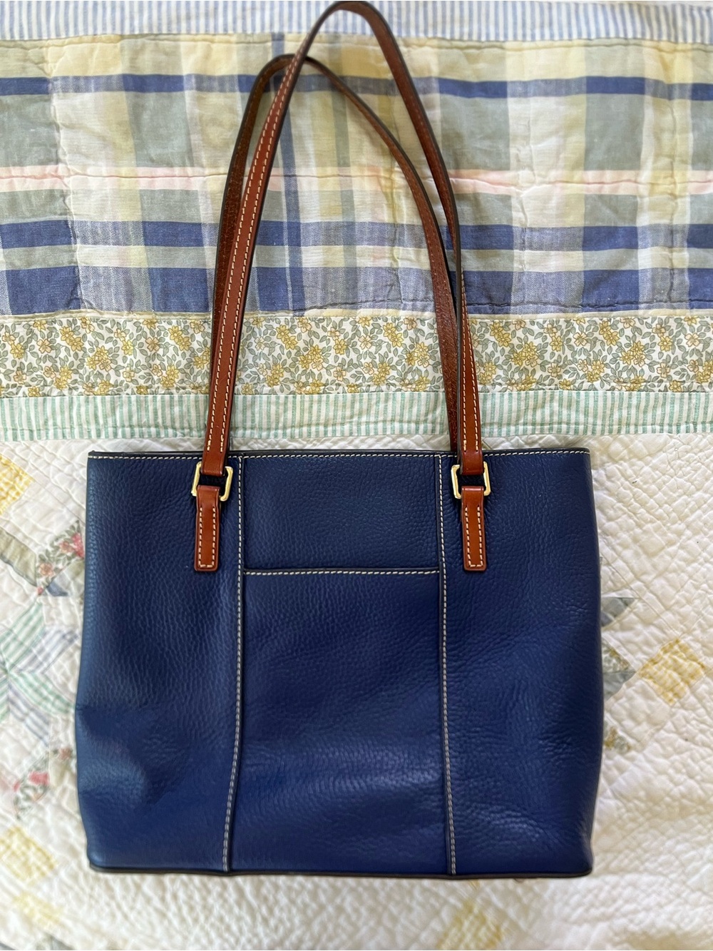 Dooney & Bourke Navy Leather Shoulder Tote with Brown Straps - Picture 2 of 5